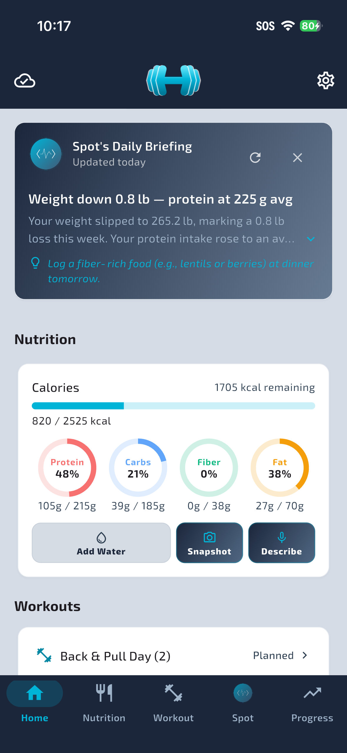 Refactor Fitness home dashboard showing Spot's briefing, nutrition, and workouts
