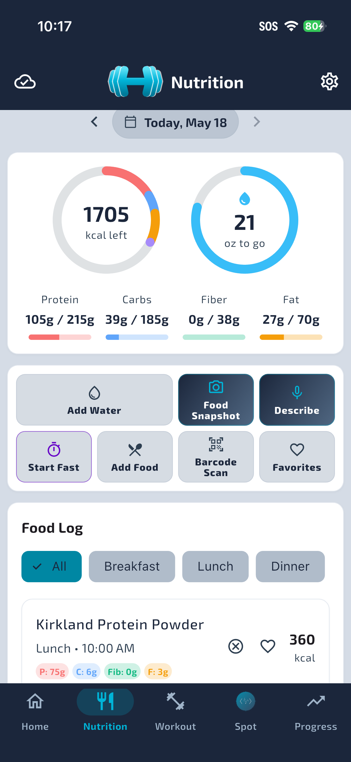 Nutrition logging screen showing daily macro tracking