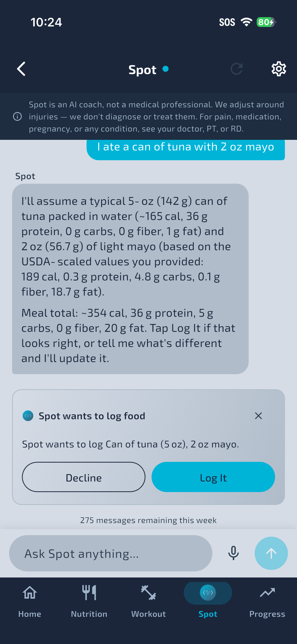 Spot chat screen showing a food logging suggestion based on a plain-language message