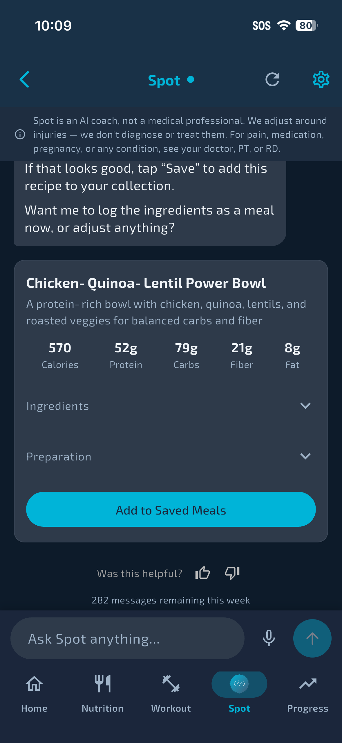 Spot AI coaching conversation in dark mode