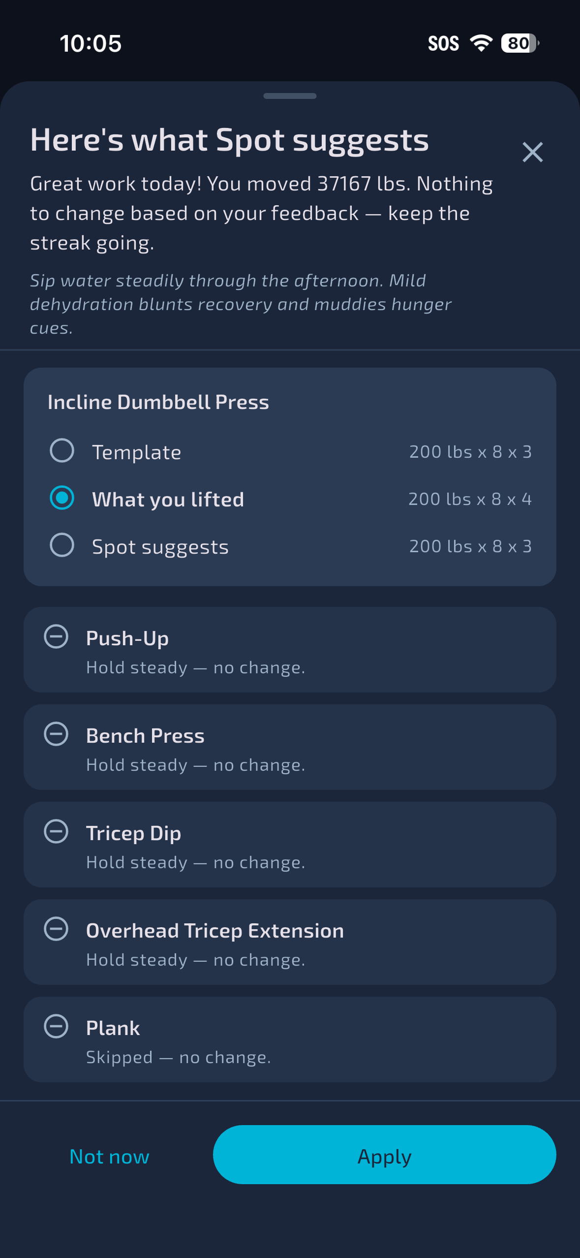 Spot AI analyzing a completed workout in dark mode with exercise-by-exercise feedback