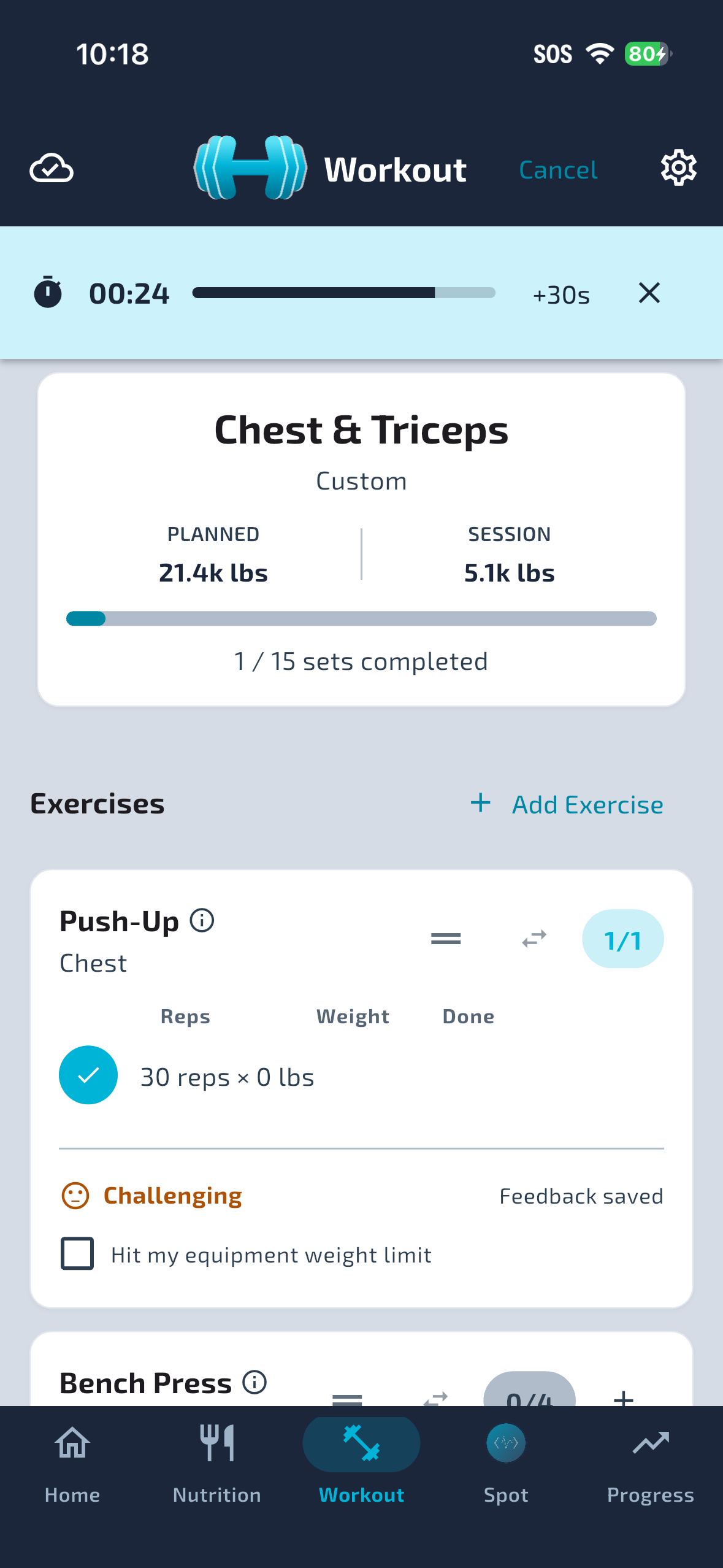 Active workout session with sets completed and rest timer
